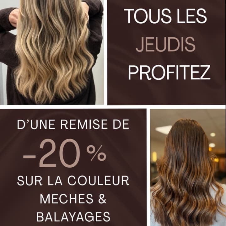 TOUS LES JEUDIS PROFITEZ D’UNE REMISE DE -20% SUR LES SERVICES COULEURS, MECHES: ET BALAYAGE.DANS VOTRE SALON DE COIFFURE MIXTE L’ATELIER INTERMÈDE DE CHÂTEAU GONTIER.